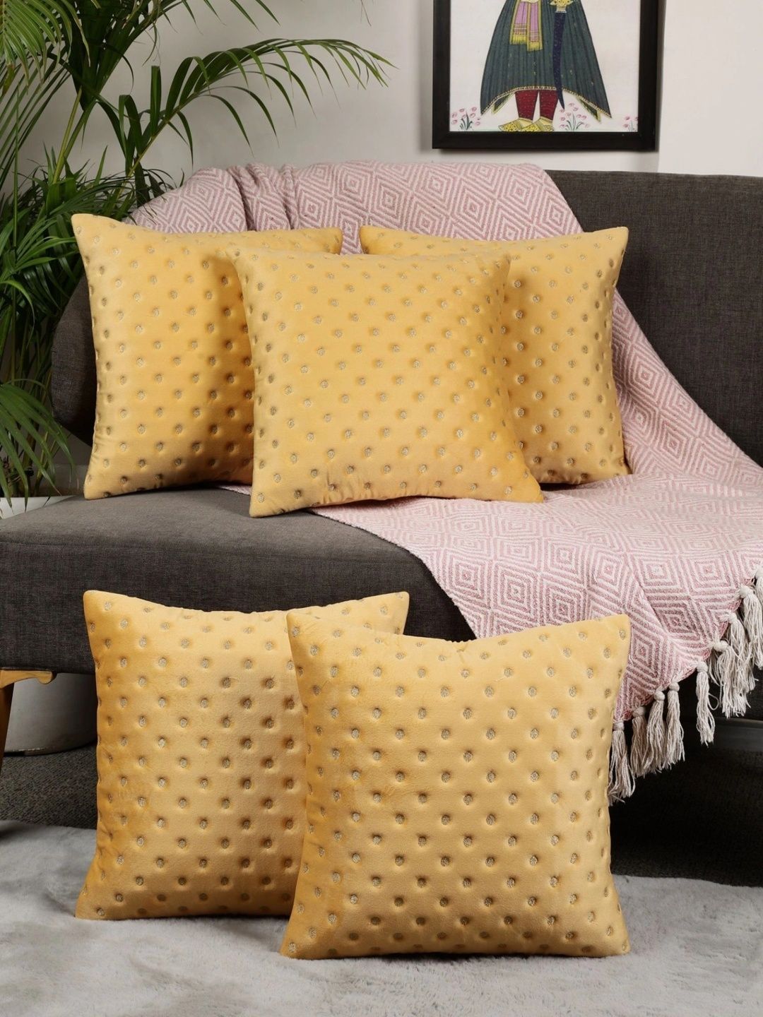 MONKDECOR Yellow Set of 5 Velvet Square Cushion Covers-picture-20
