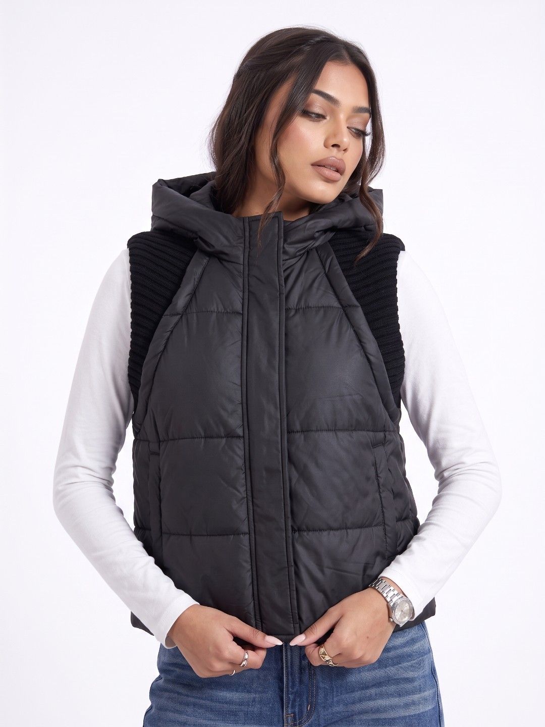 glitchez Hooded Ribbed Relaxed Fit Gilet Jacket-picture-26