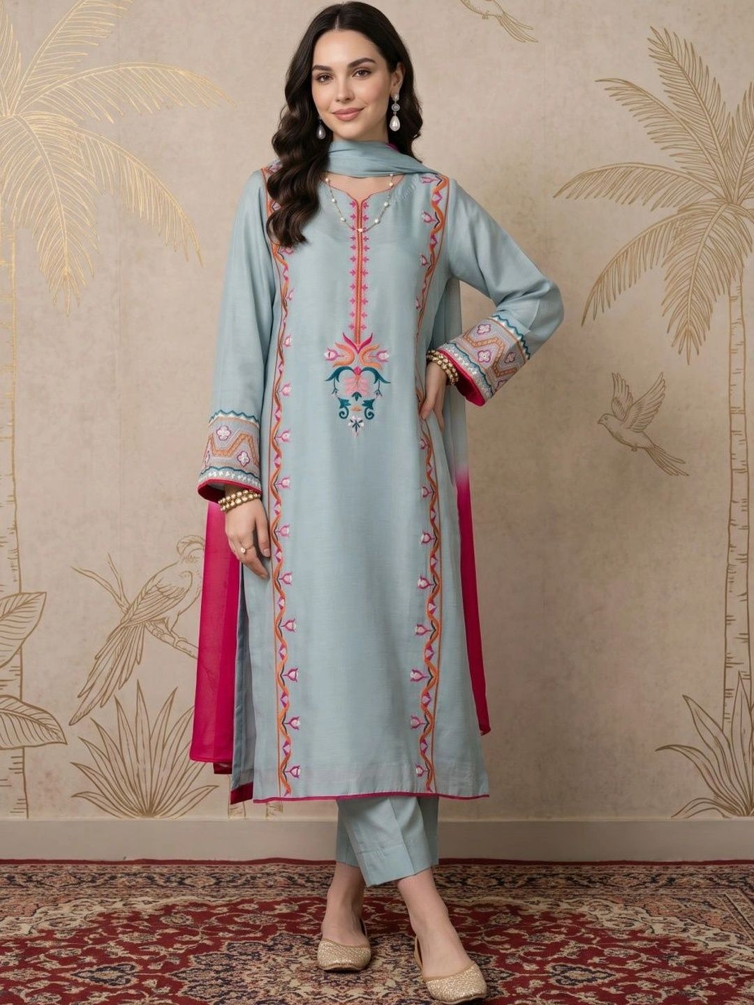 Sangria Women Floral Embroidered Regular Thread Work Kurta with Trousers & With Dupatta-picture-56