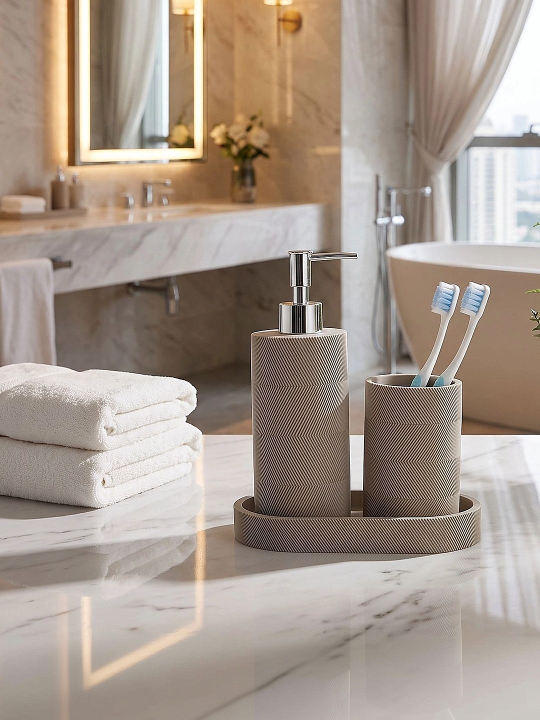 Pano Beige 3 piece Geometric Polyresin Bath Accessories Set-picture-47