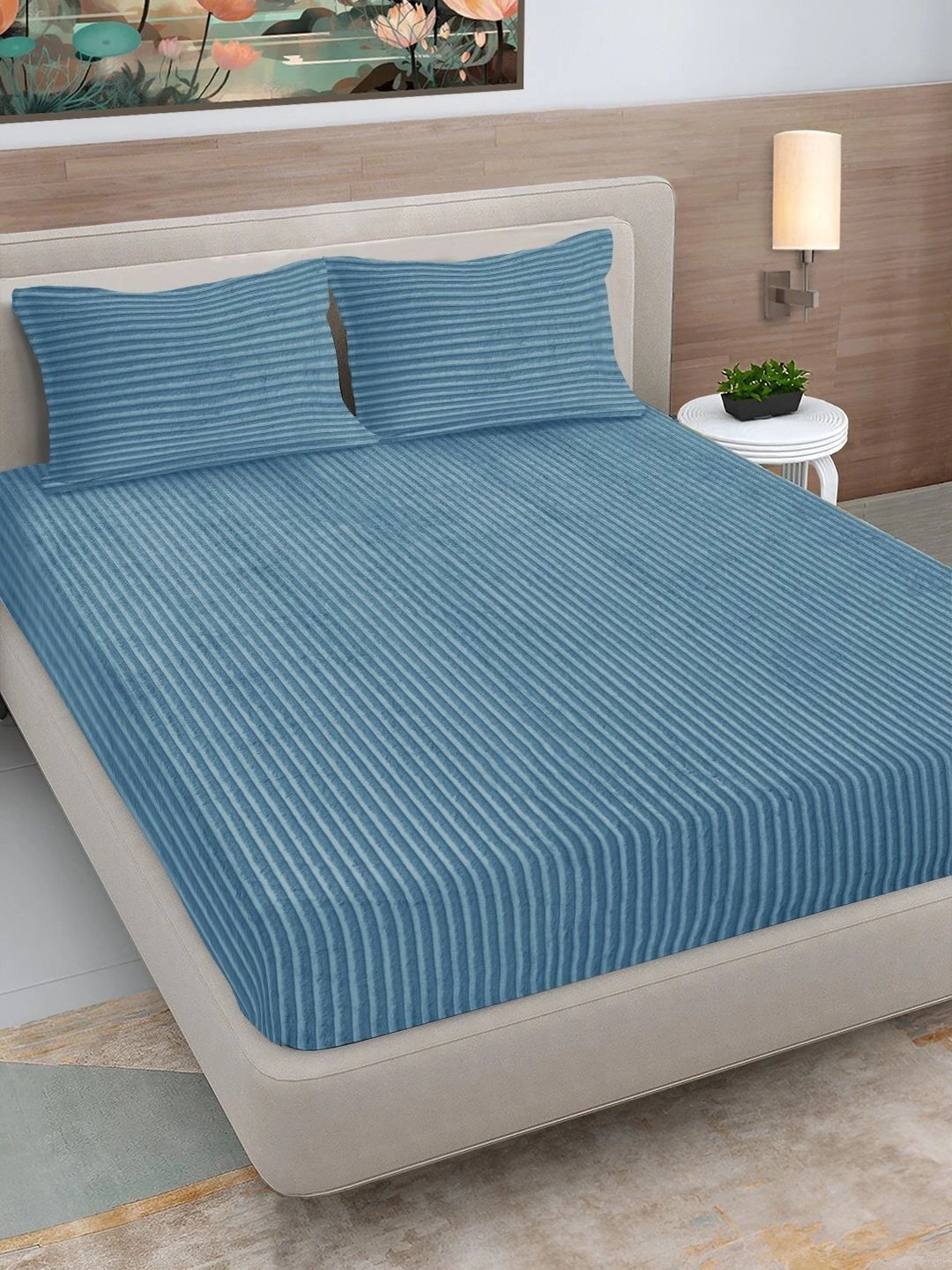 FABINALIV Blue Striped 300 TC King Bedsheet with 2 Pillow Covers-image-13