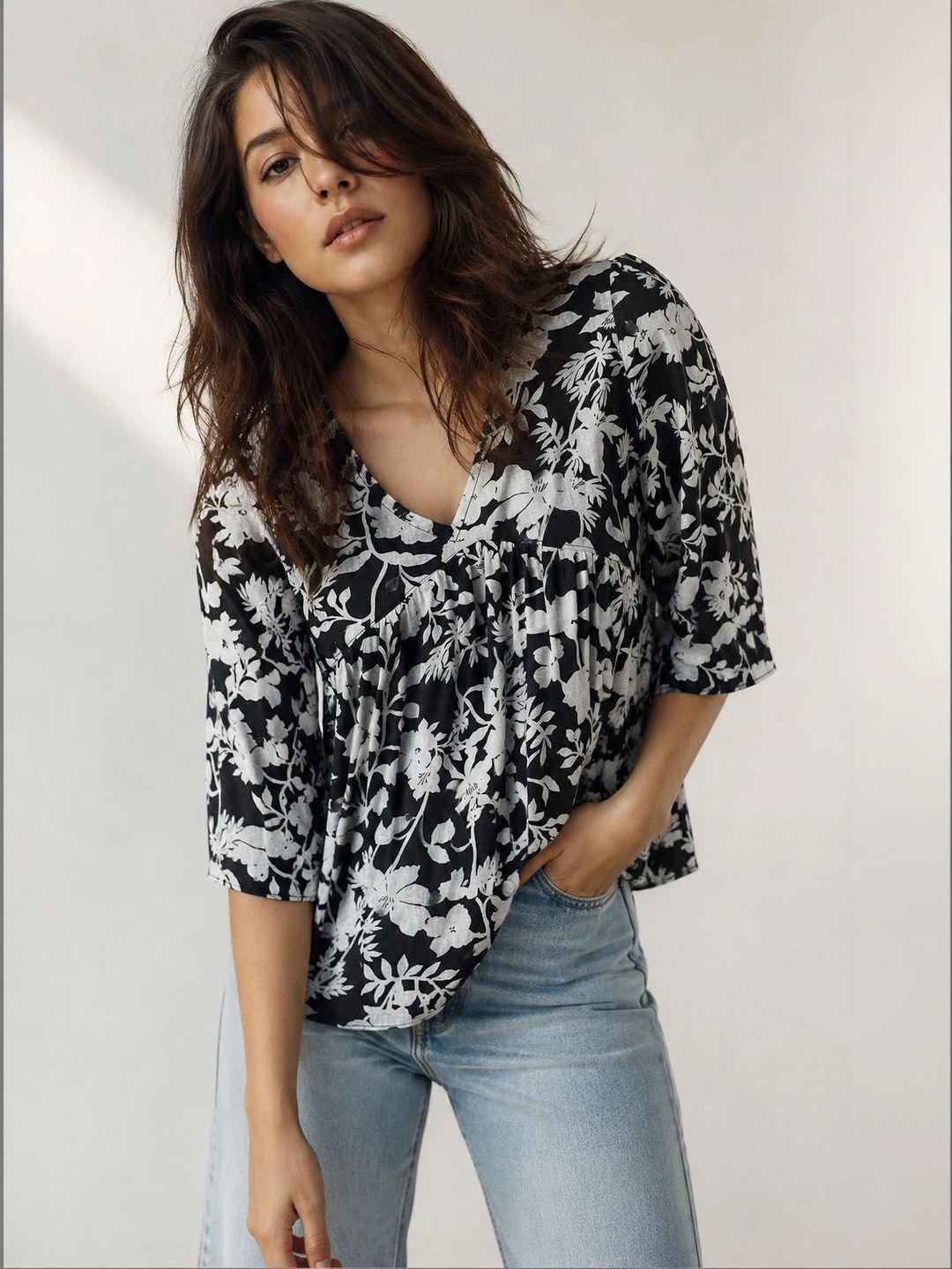 Lagashi Floral Print Flared Sleeve Cotton Top-picture-31