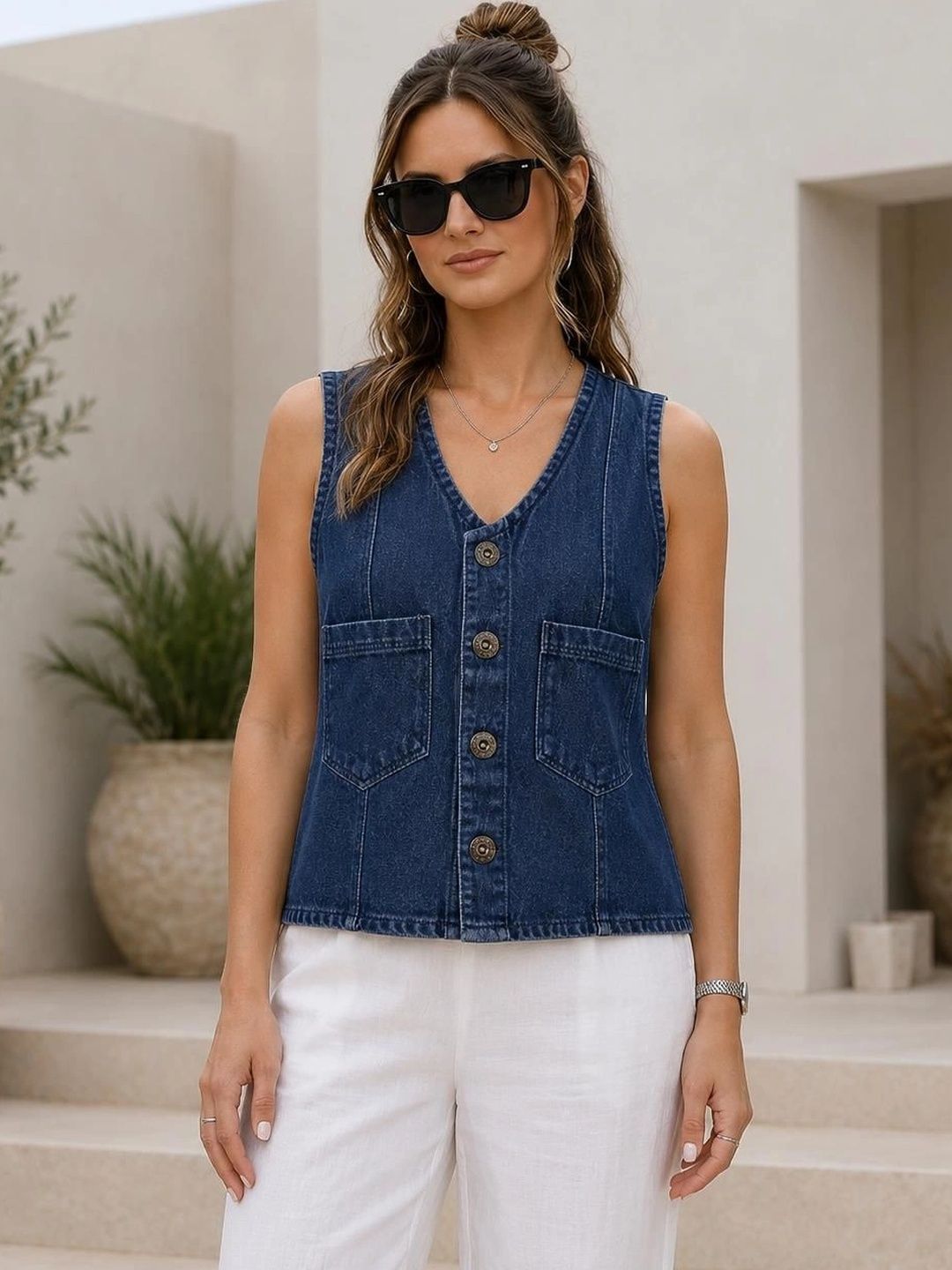 TEKIN CREATIONS V-Neck Denim Casual Waistcoat-picture-23