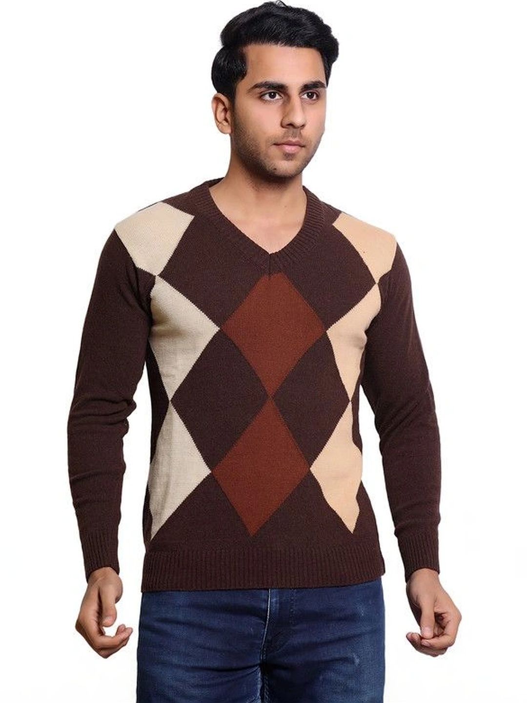 Grand Line Men Argyle Checked Woollen Pullover-picture-22