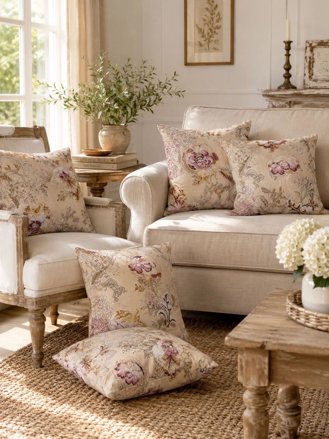 Myntra Elegant Homes Beige Set of 5 Floral Square Cushion Covers-picture-32