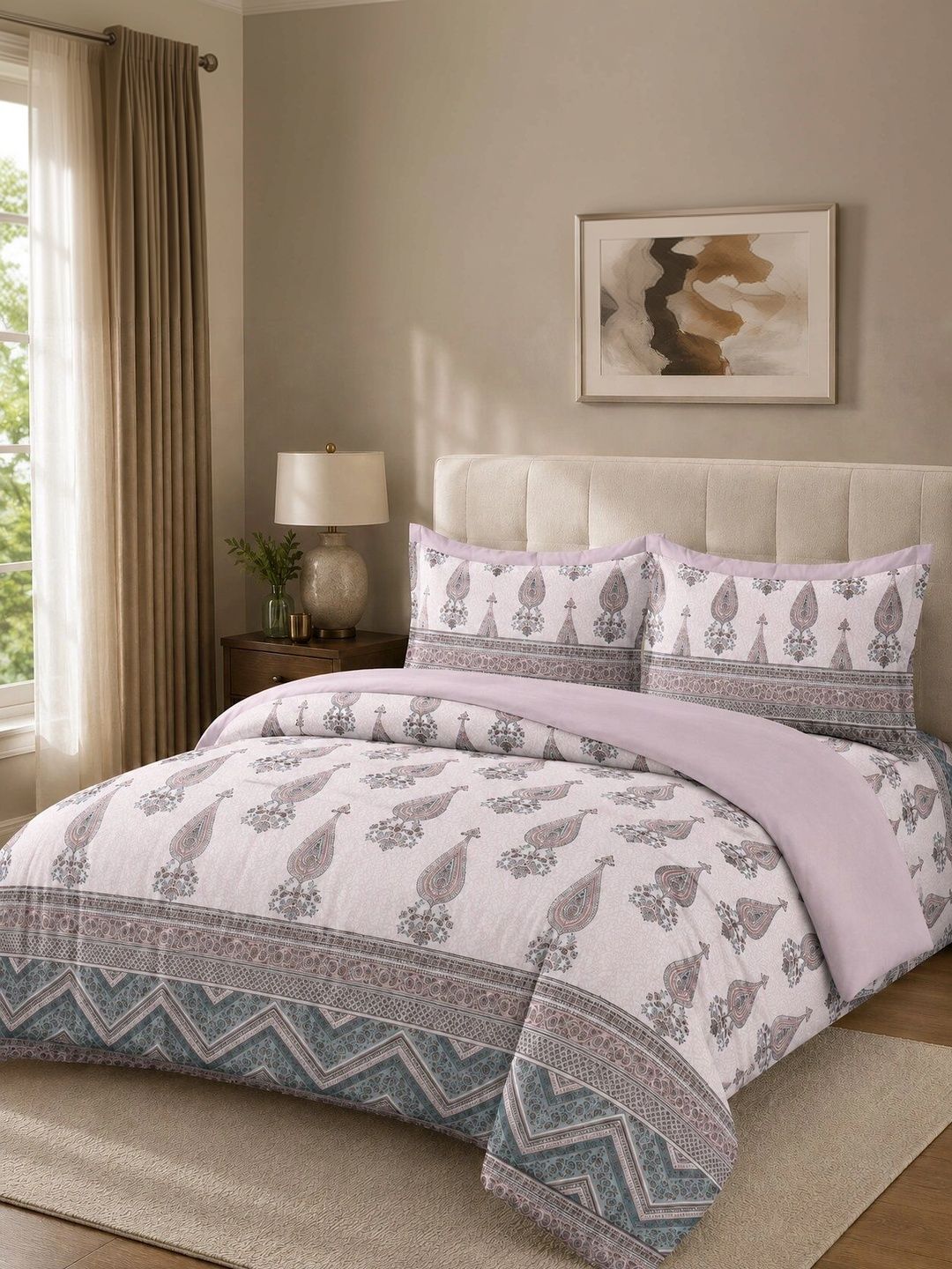 Nivasam Pink & Grey Ethnic Motifs Cotton 4 Piece Double King Superfine Bedding Set-image-29