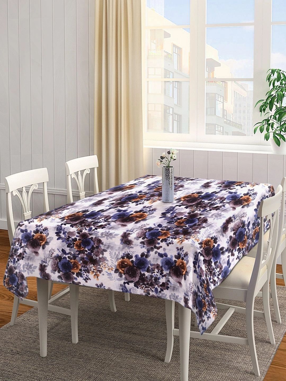 Myntra Elegant Homes Blue Floral Cotton 6-Seater Table Cover with Embellished details-picture-24