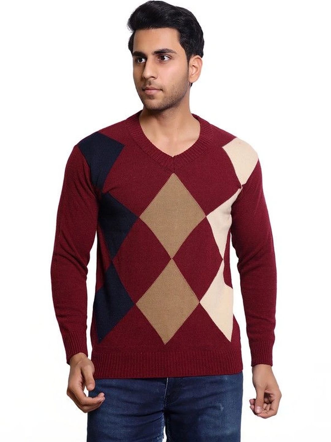 Grand Line Men Argyle Colourblocked Woollen Pullover-picture-29