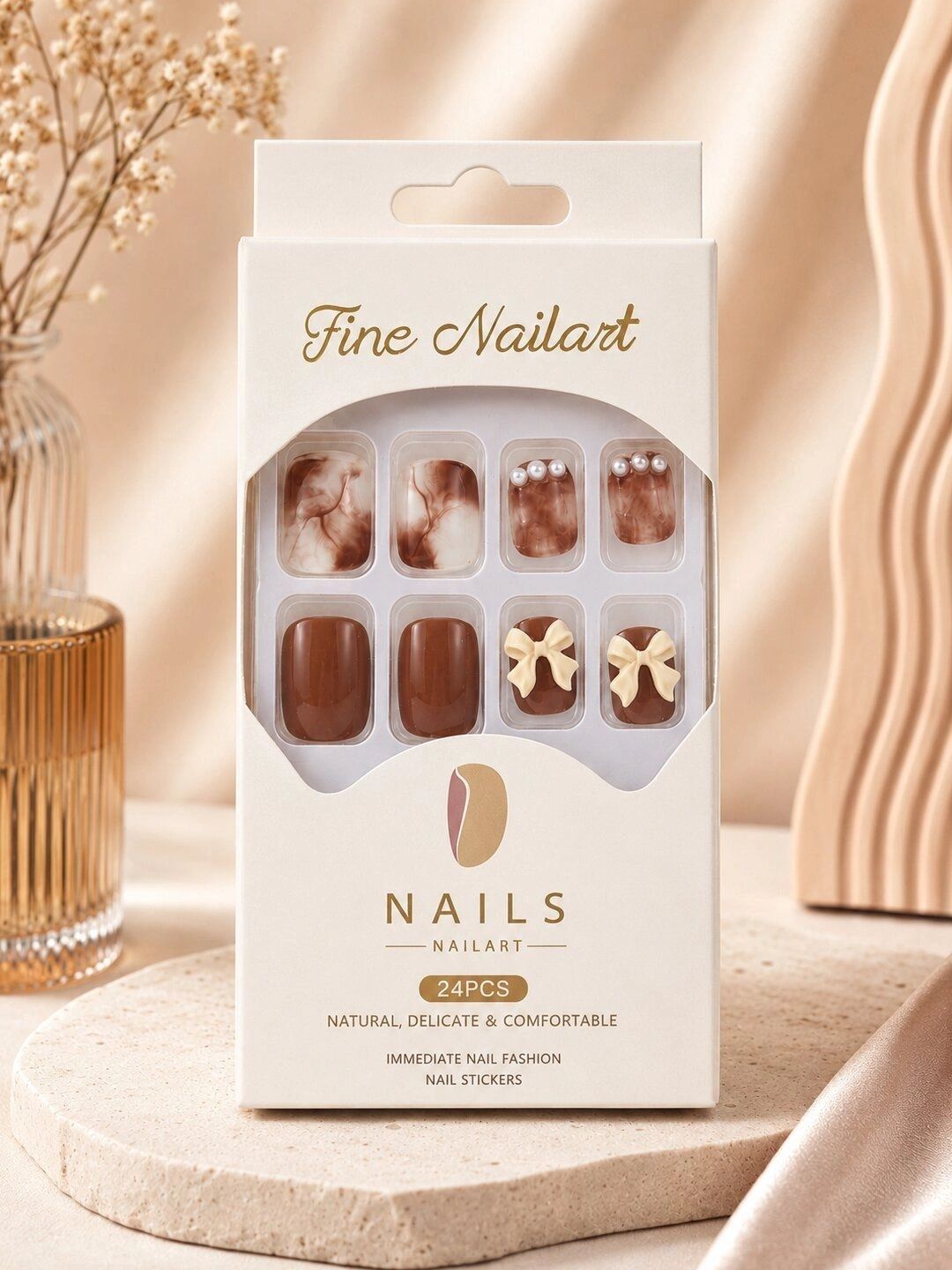 Krelin Set Of 24 Press-On Nail Extensions with Liquid Glue - Mocha Marble Pearl & Bow-picture-48