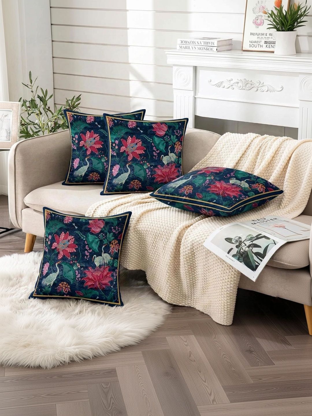 Ishro Home Multicoloured Set of 4 Floral Square Cushion Covers-picture-52