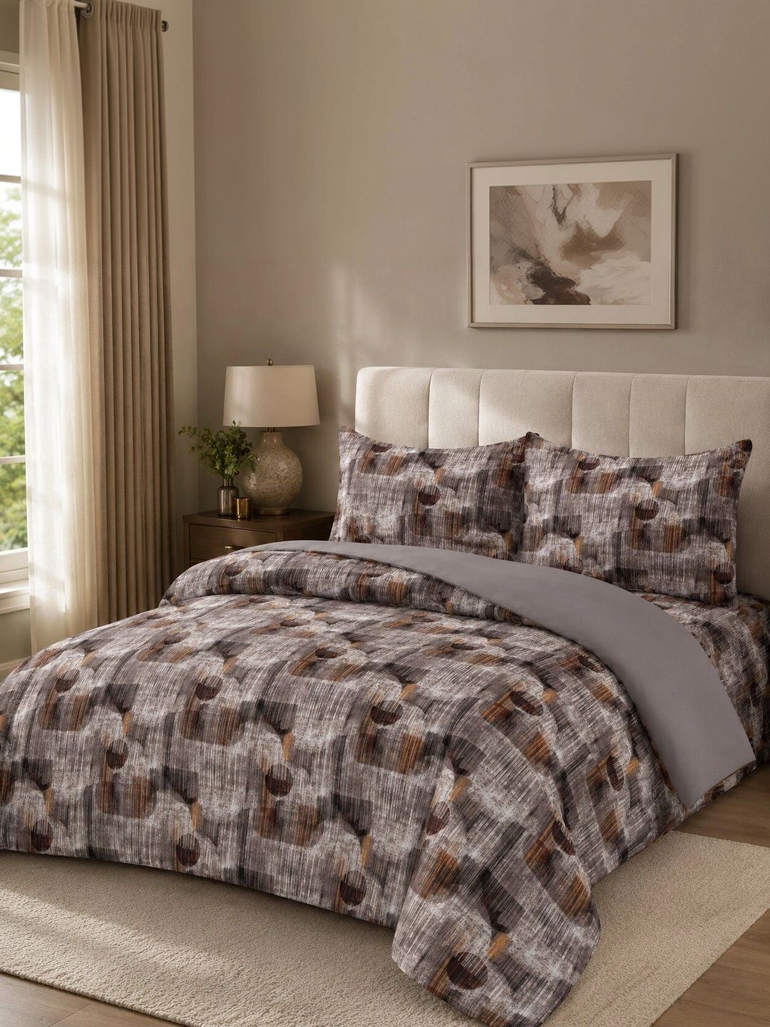 Nivasam Grey & Brown Geometric Cotton 4 Piece Double King Superfine Bedding Set-picture-31