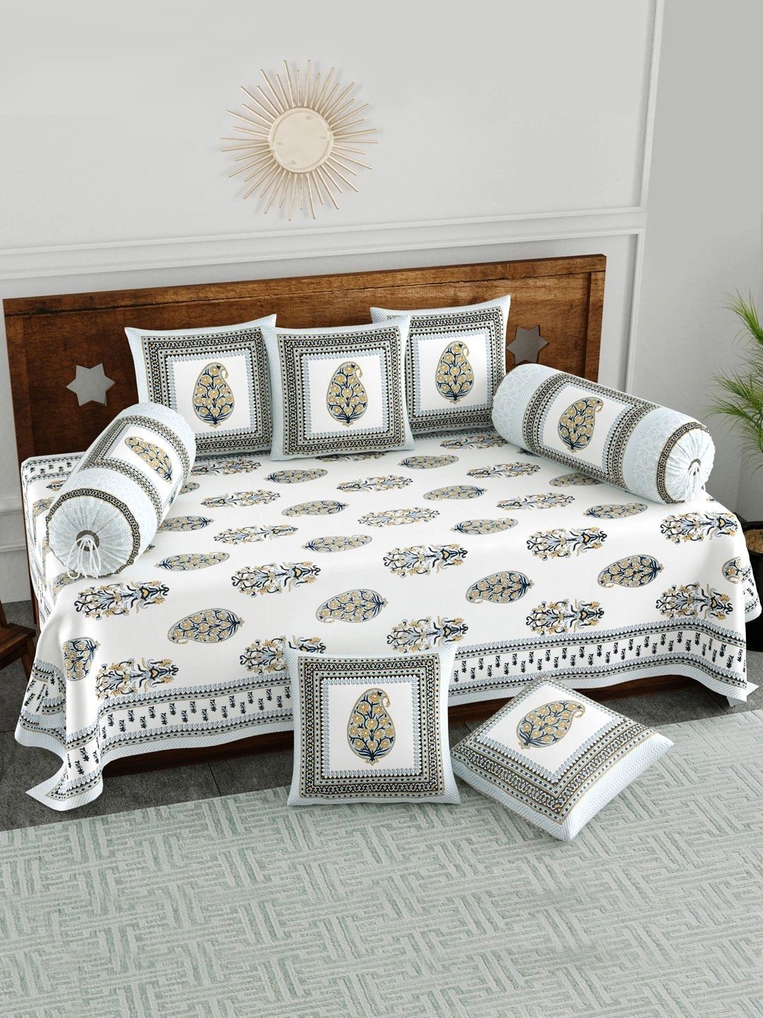 BLOCKS OF INDIA 8 Pieces Grey & Blue Printed Bedsheet With Bolster and Cushion Covers-picture-13