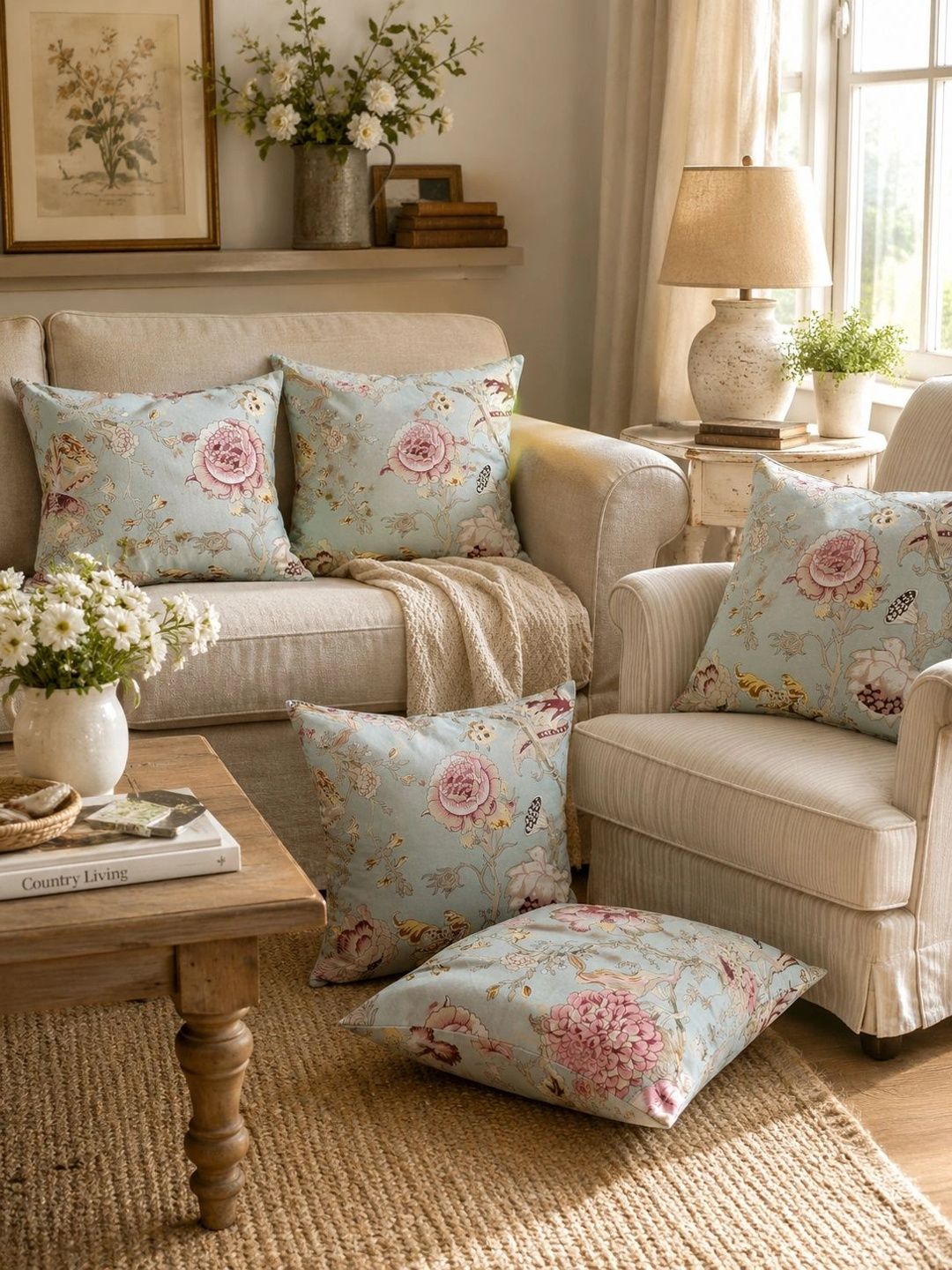 Myntra Elegant Homes Green Set of 5 Floral Square Cushion Covers-picture-42