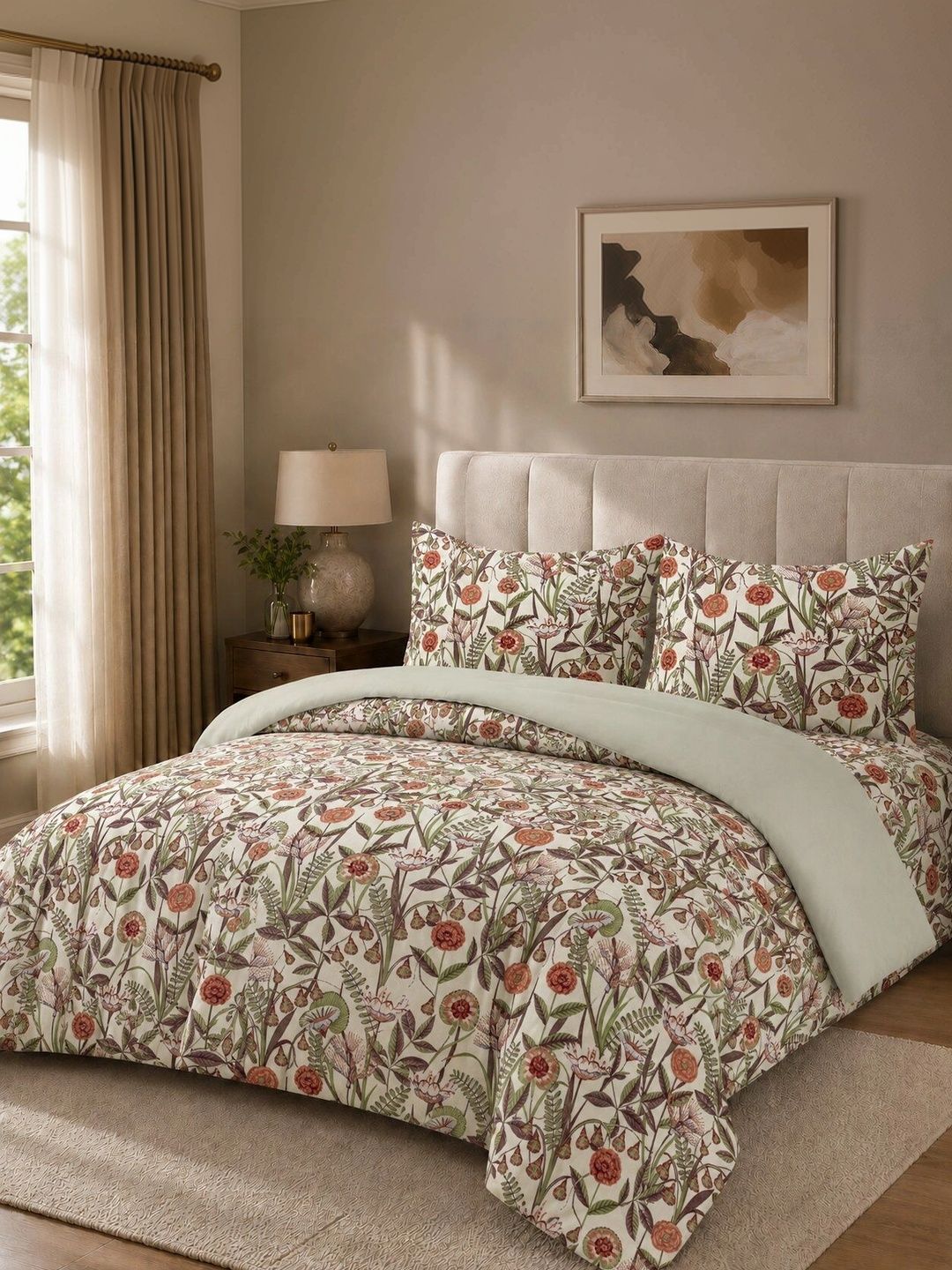 Nivasam Rust & Green Floral Cotton 4 Piece Double King Superfine Bedding Set-image-45