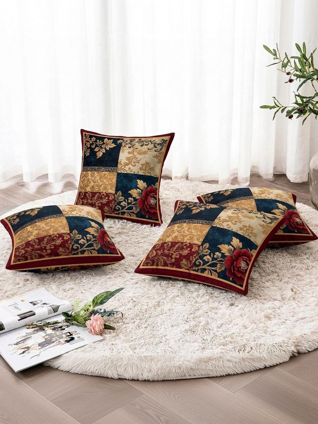 Ishro Home Multicoloured Set of 4 Floral Square Cushion Covers-picture-38