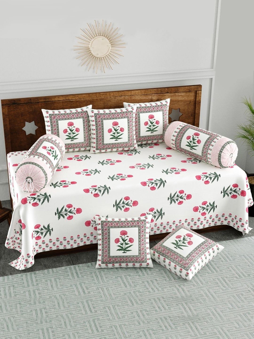 BLOCKS OF INDIA 8 Pieces White & Pink Printed Bedsheet With Bolster and Cushion Covers-picture-40