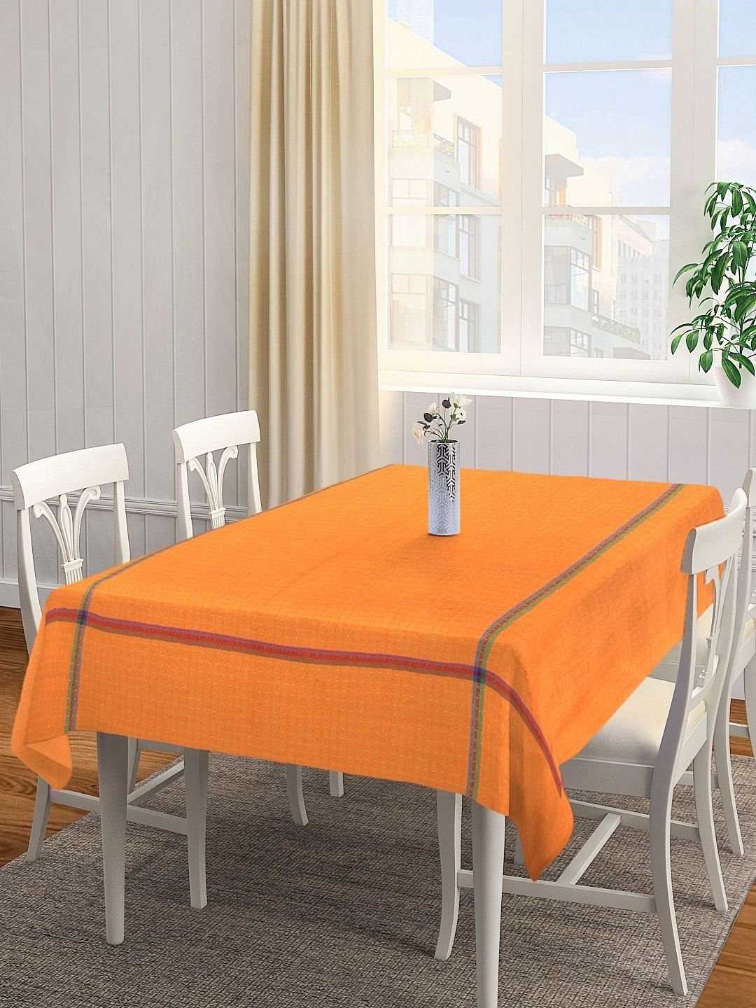 Myntra Elegant Homes Orange Striped Cotton 6-Seater Table Cover with Textured details-picture-32