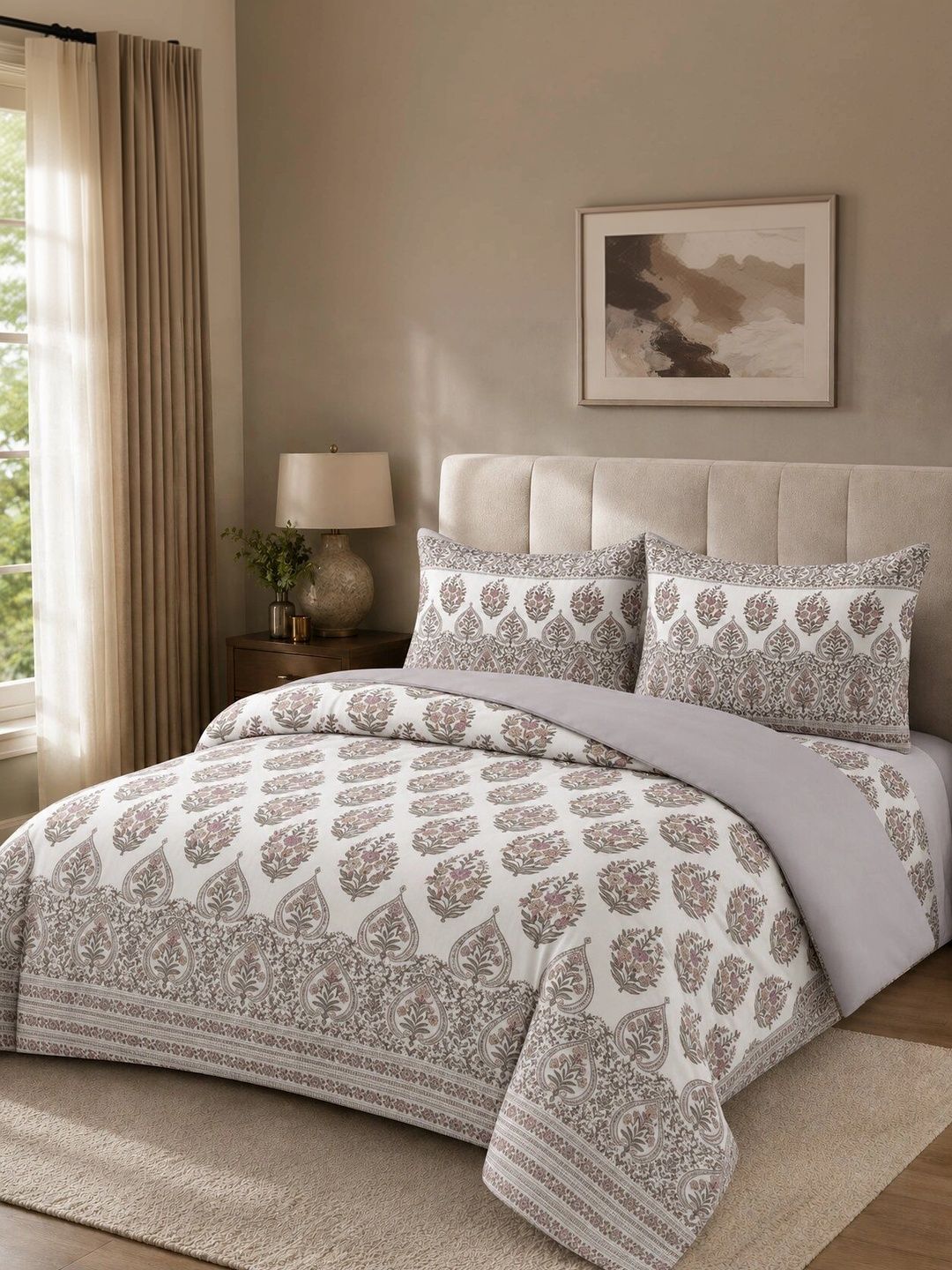Nivasam Off White & Grey Floral Cotton 4 Piece Double King Superfine Bedding Set-picture-34