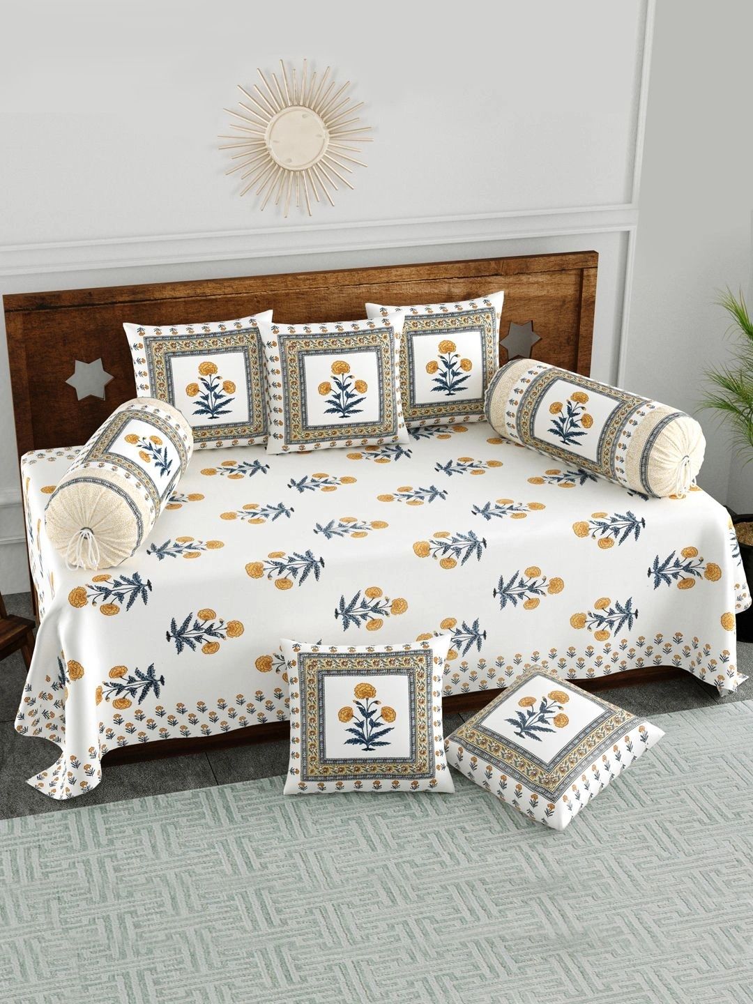 BLOCKS OF INDIA 8 Pieces White & Yellow Printed Bedsheet With Bolster and Cushion Covers-picture-16