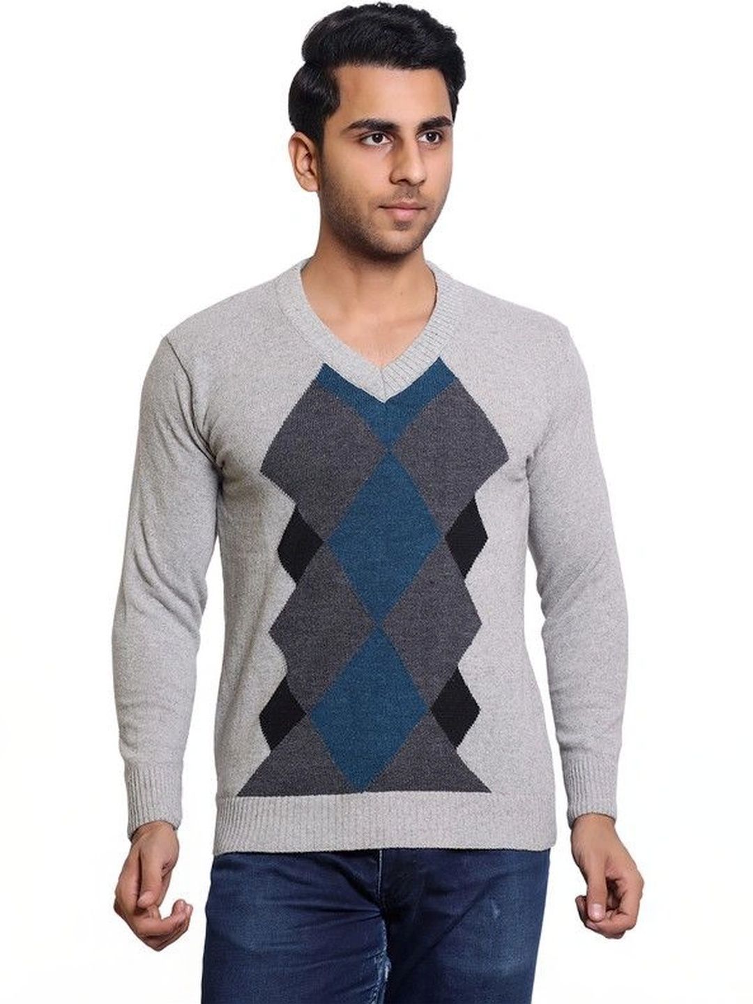 Grand Line Men Argyle Colourblocked Woollen Pullover-picture-36