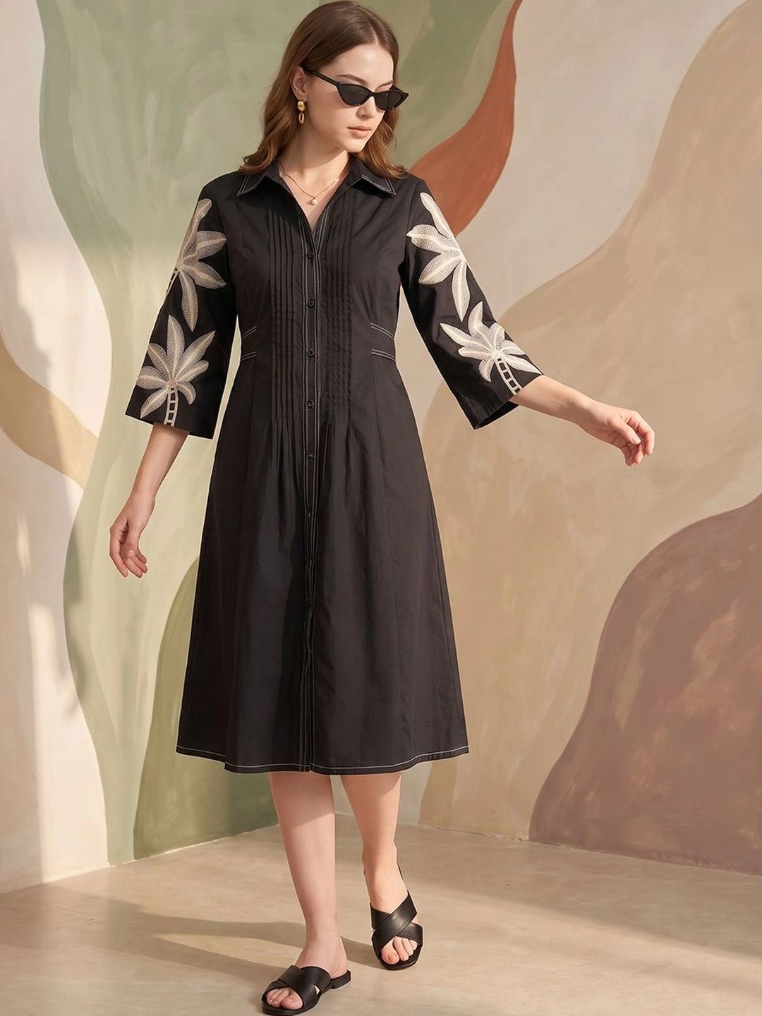 ZUMMER Floral Embroidered A-Line Midi Dress-image-19