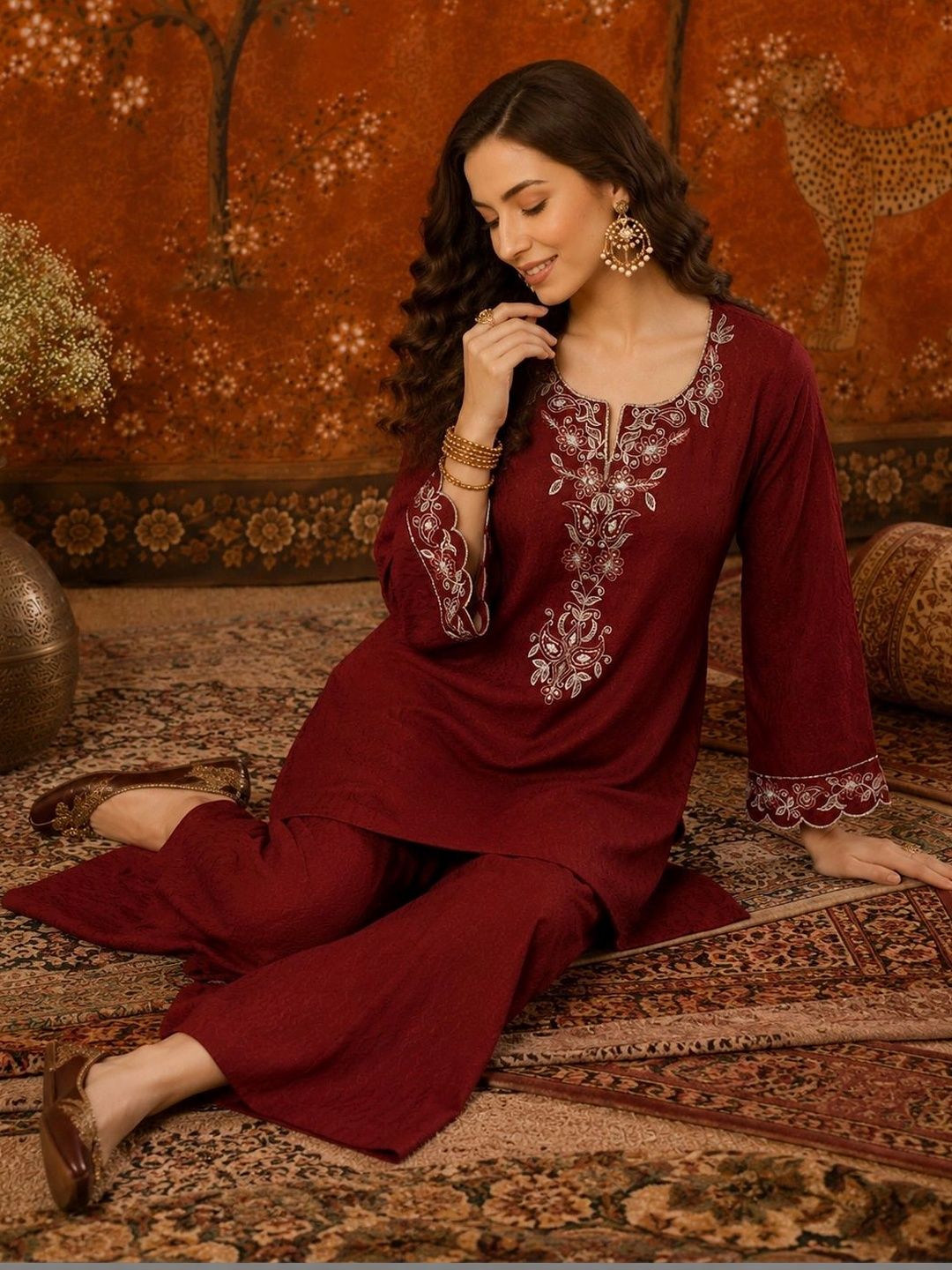 Sangria Women Embroidered Regular Thread Work Pure Cotton Kurta with Palazzos-picture-32