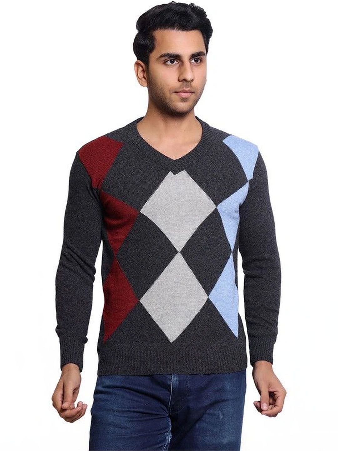 Grand Line Men Argyle Checked Woollen Pullover-picture-19