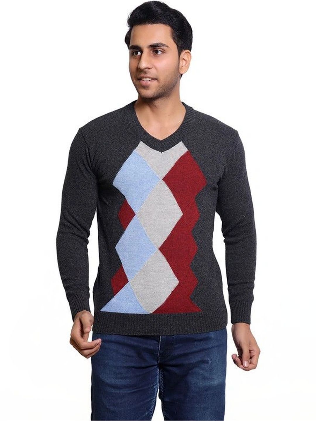 Grand Line Men Argyle Colourblocked Woollen Pullover-picture-30
