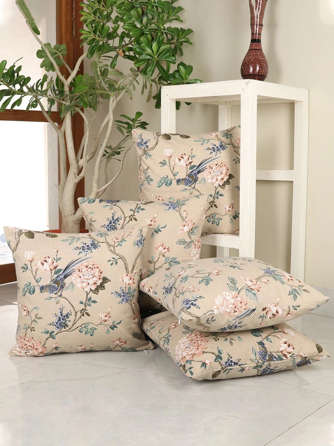 Aura Beige Set of 5 Floral Square Cushion Covers-picture-53