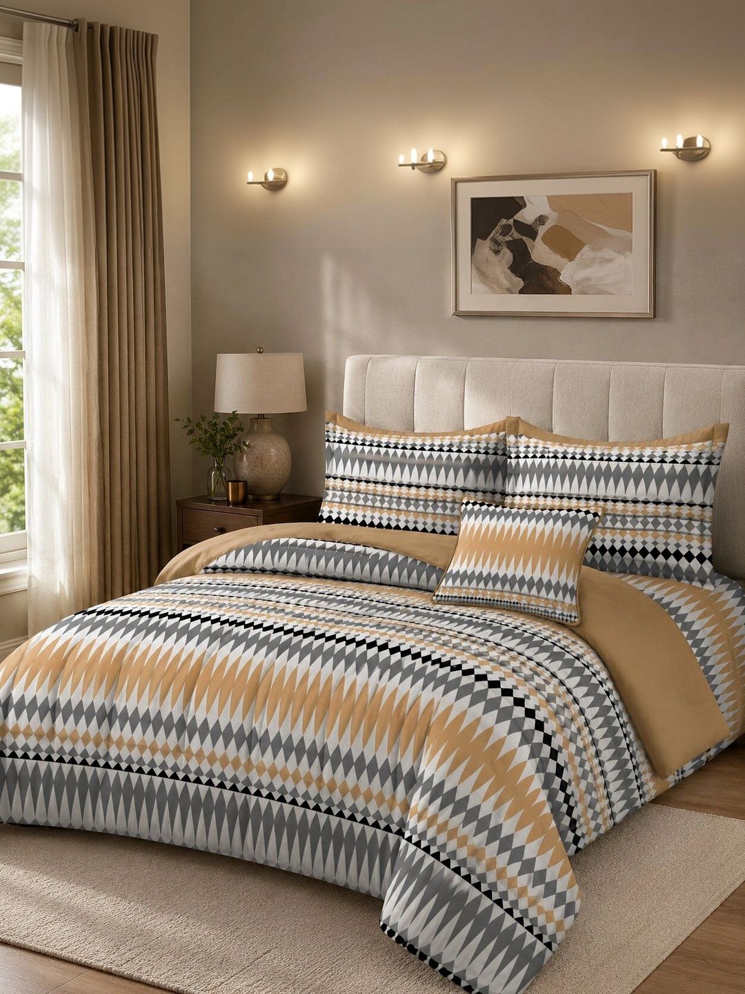Nivasam Mustard & Grey Geometric Cotton 4 Piece Double King Superfine Bedding Set-image-29