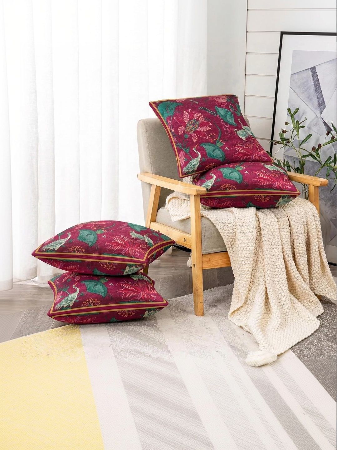 Ishro Home Multicoloured Set of 4 Floral Square Cushion Covers-picture-55