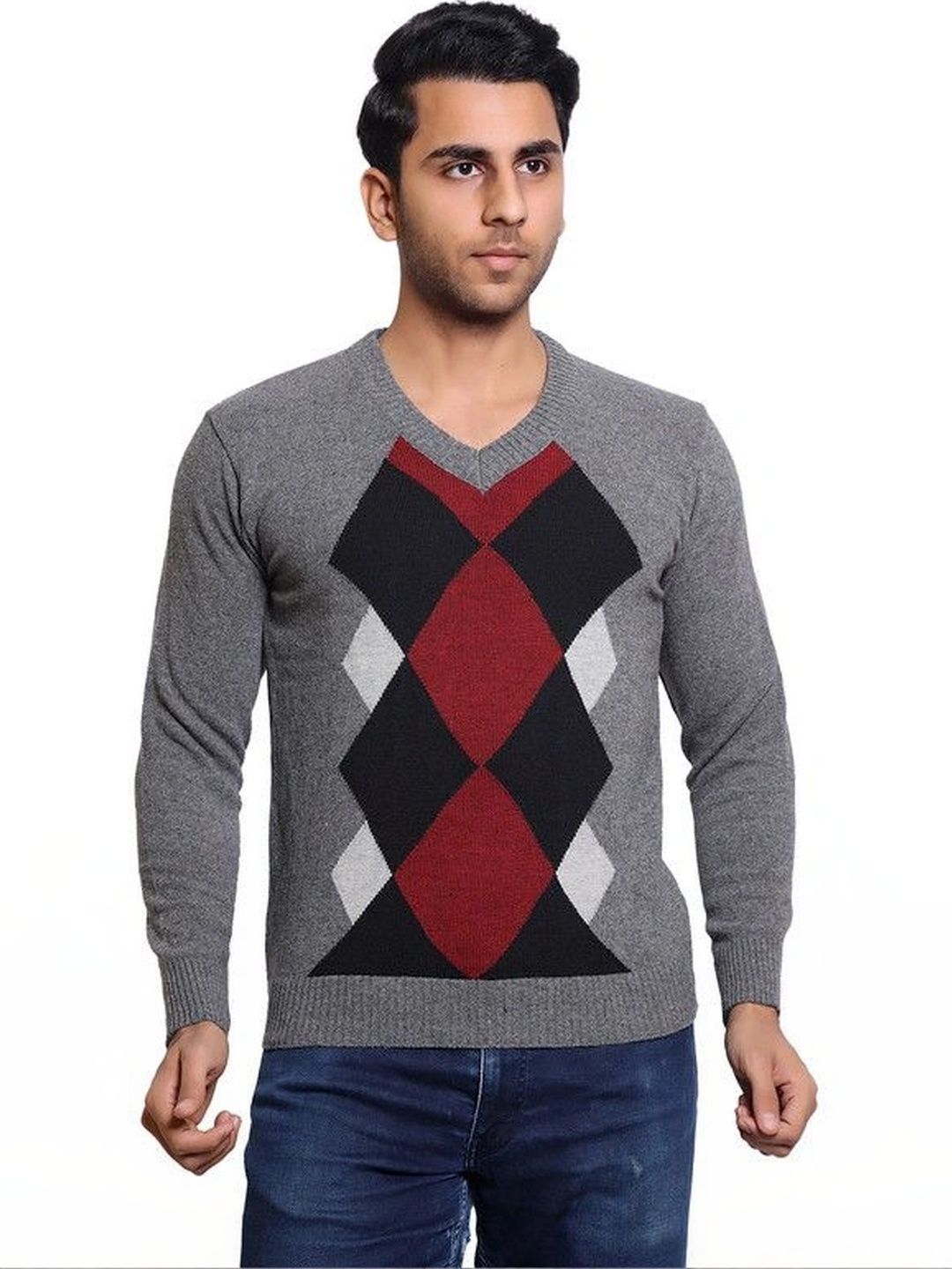 Grand Line Men Argyle Colourblocked Woollen Pullover-picture-37