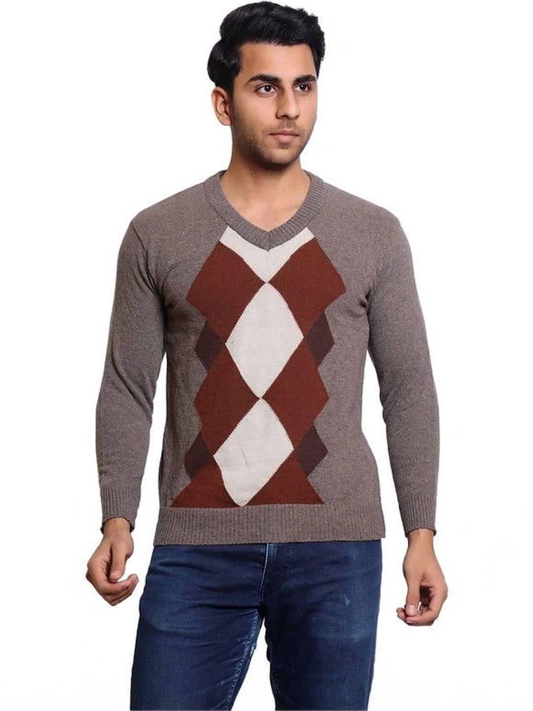 Grand Line Men Argyle Colourblocked Woollen Pullover-picture-31
