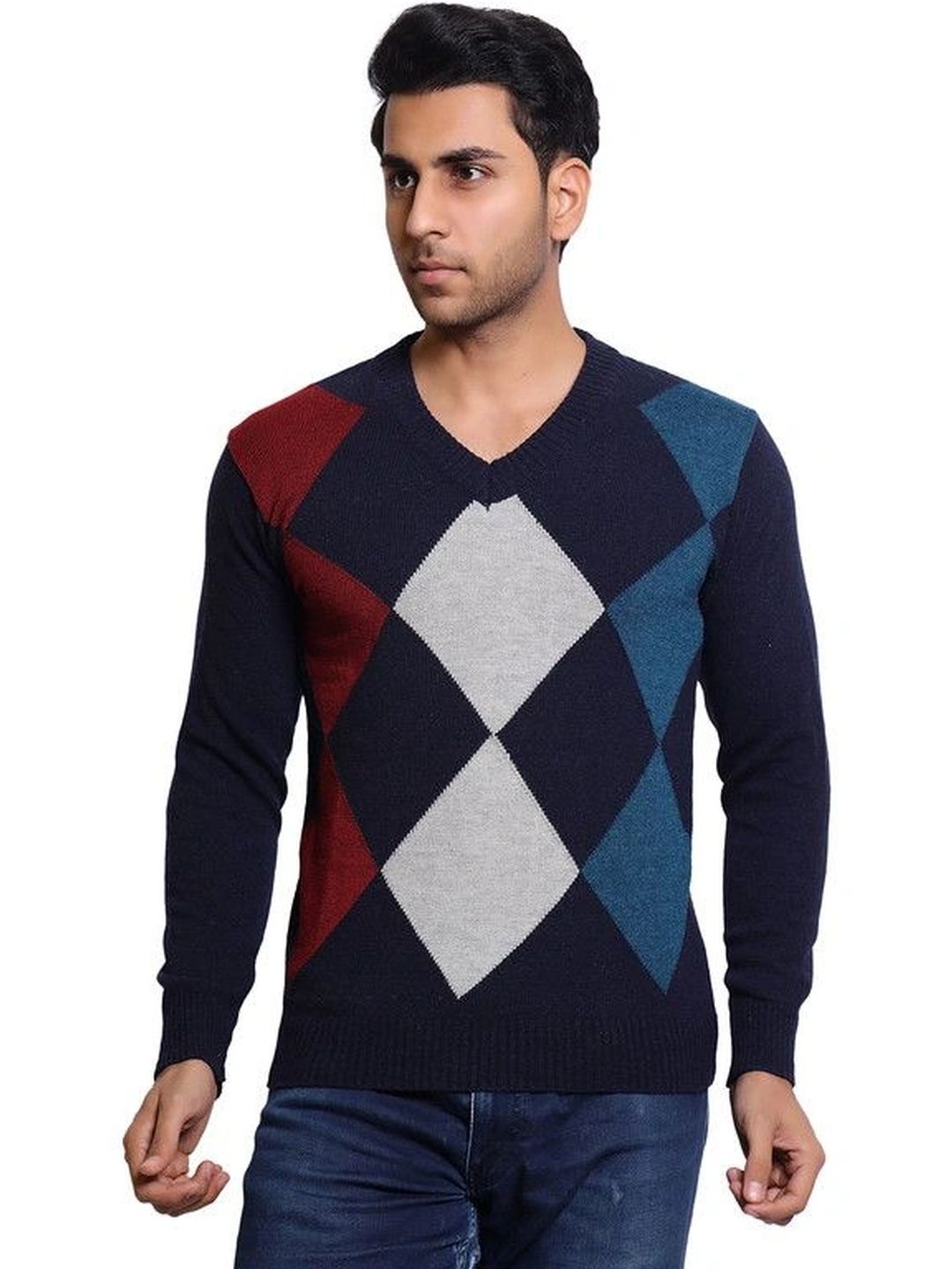 Grand Line Men Argyle Checked Woollen Pullover-picture-29