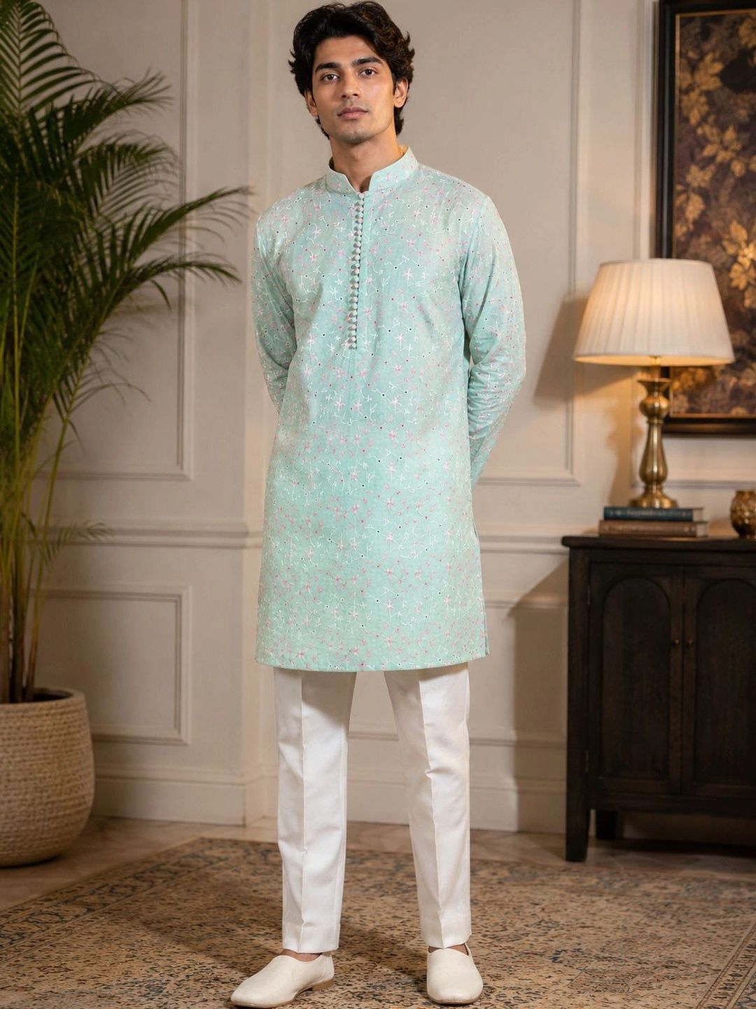 VASTRA BY LARA Men Ethnic Motifs Embroidered Regular Thread Work Kurta with Trousers-picture-29