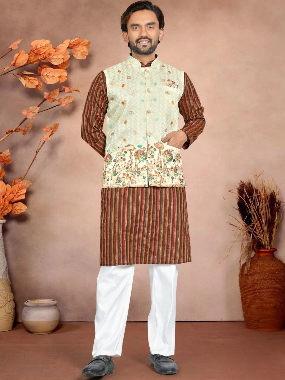 WELL TEX Men Striped Regular Pure Cotton Kurta with Pyjamas-picture-19