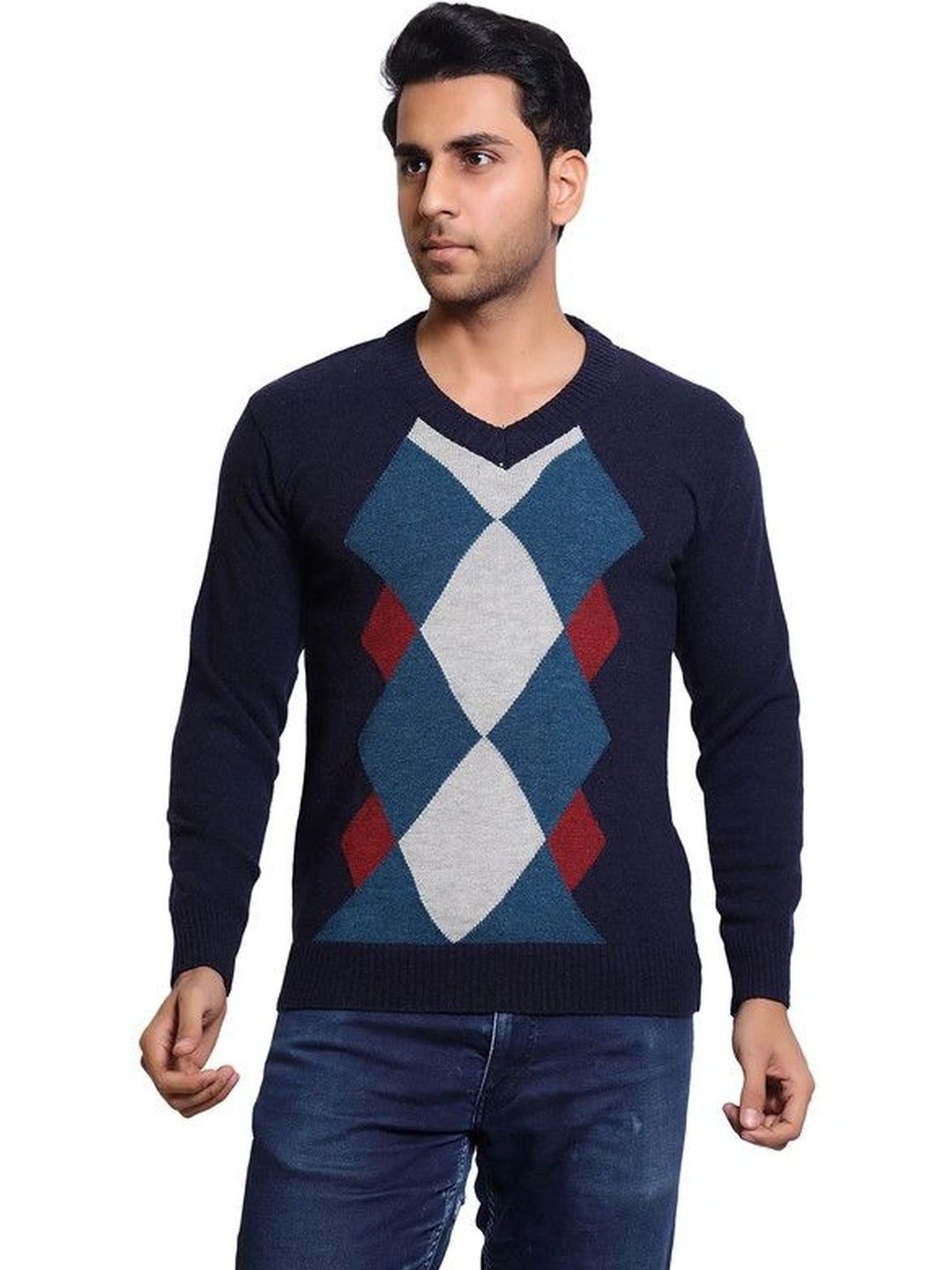 Grand Line Men Argyle Checked Woollen Pullover-picture-27