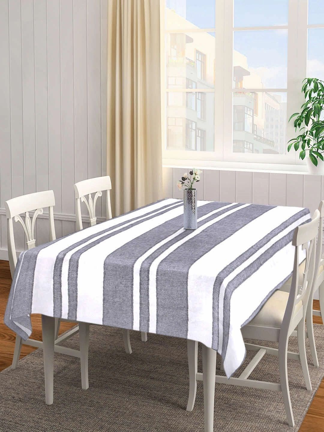 Myntra Elegant Homes Grey Striped Cotton 6-Seater Table Cover with Embellished details-image-32