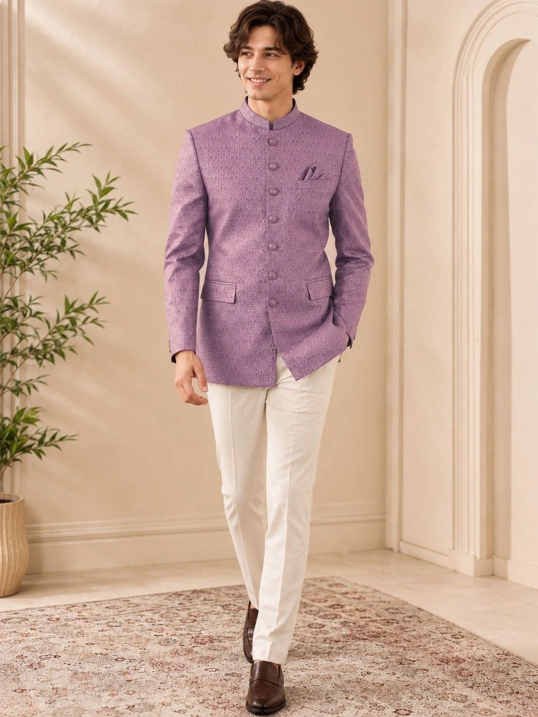 House of Pataudi Self Design Mandarin Collar Bandhgala Blazers-picture-36