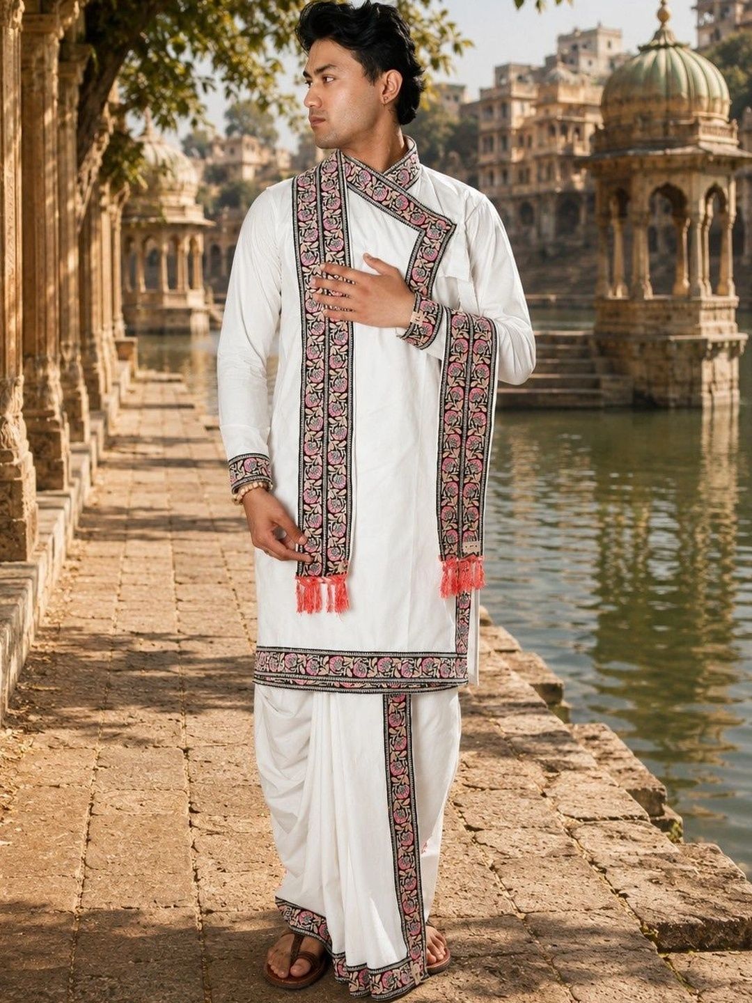 DHARniya Men Ethnic Motifs Embroidered Angrakha Thread Work Pure Cotton Kurta with Dhoti Pants & With Dupatta-picture-33