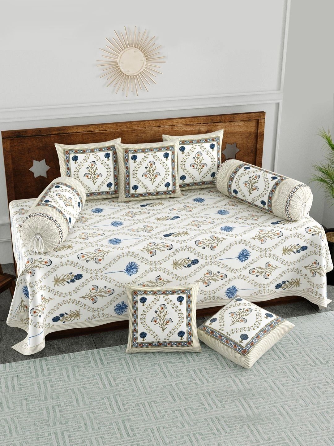 BLOCKS OF INDIA 8 Pieces White & Brown Printed Bedsheet With Bolster and Cushion Covers-picture-17