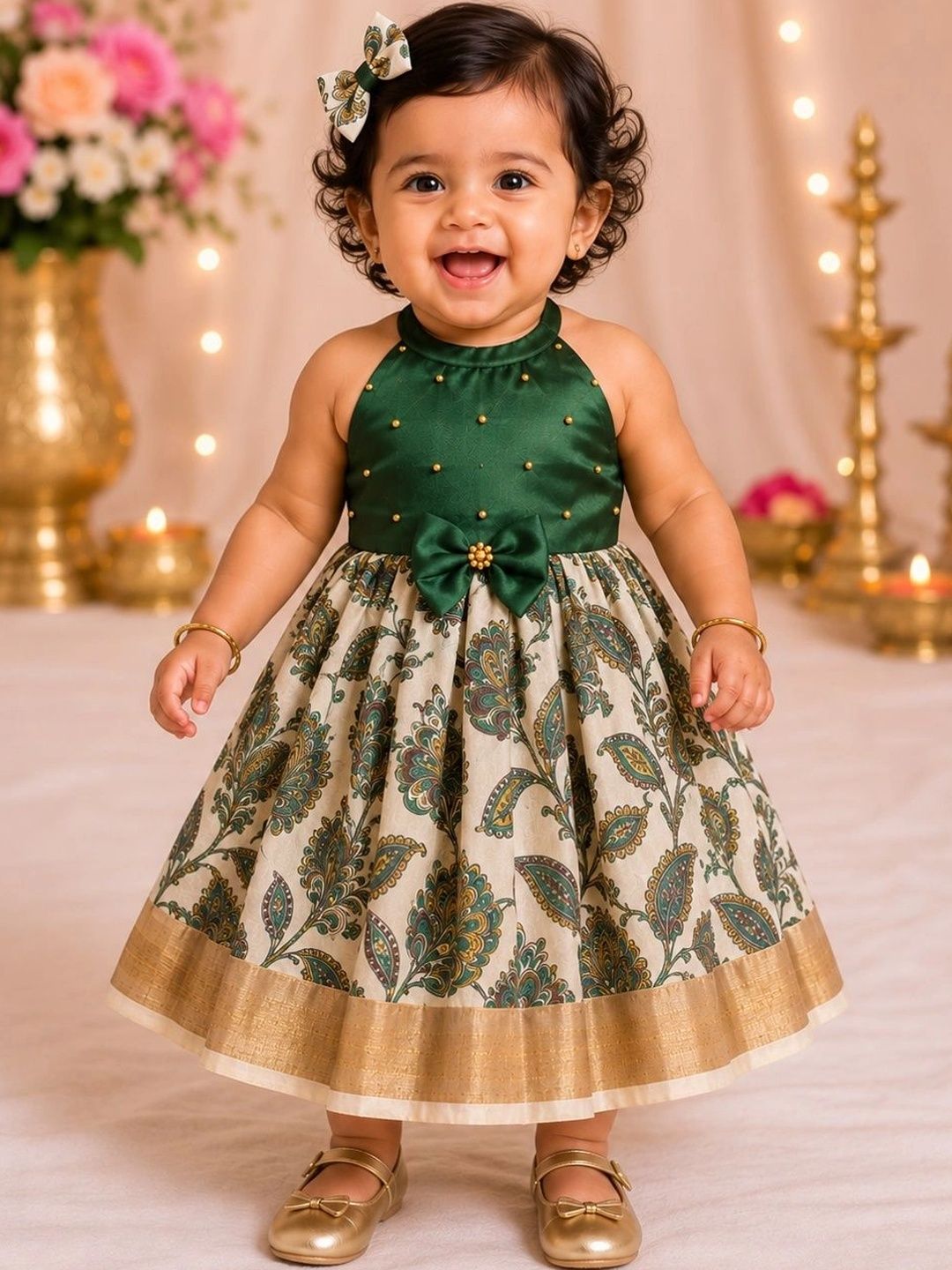 Babypattu Girls Printed Halter Neck Fit and Flare Ethnic Dresses-picture-42