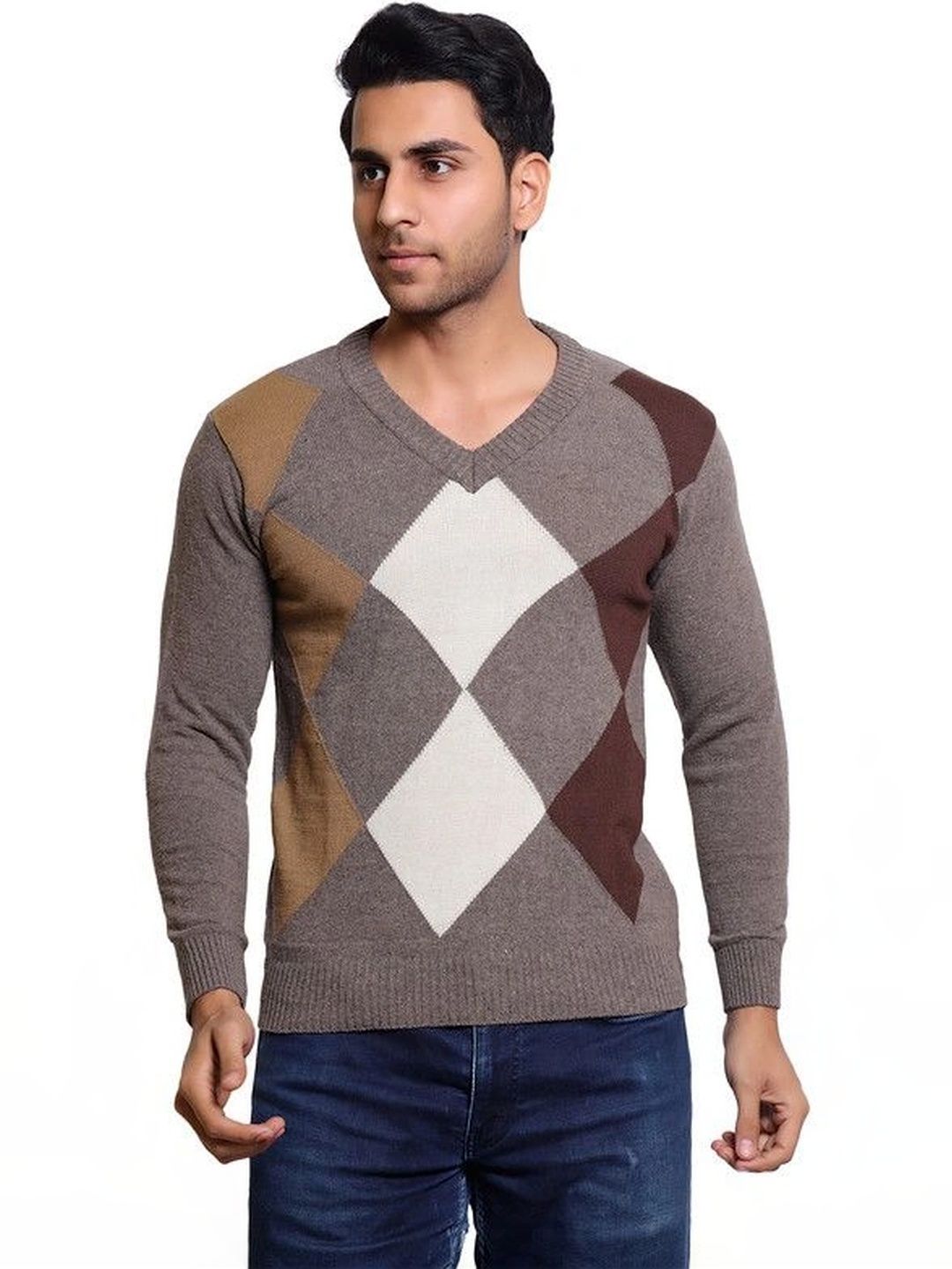 Grand Line Men Argyle Checked Woollen Pullover-picture-36