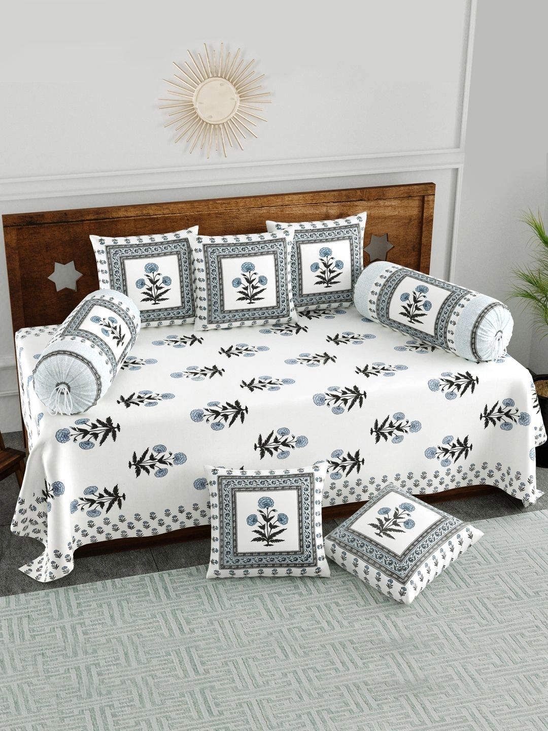 BLOCKS OF INDIA 8 Pieces White & Grey Printed Bedsheet With Bolster and Cushion Covers-picture-50