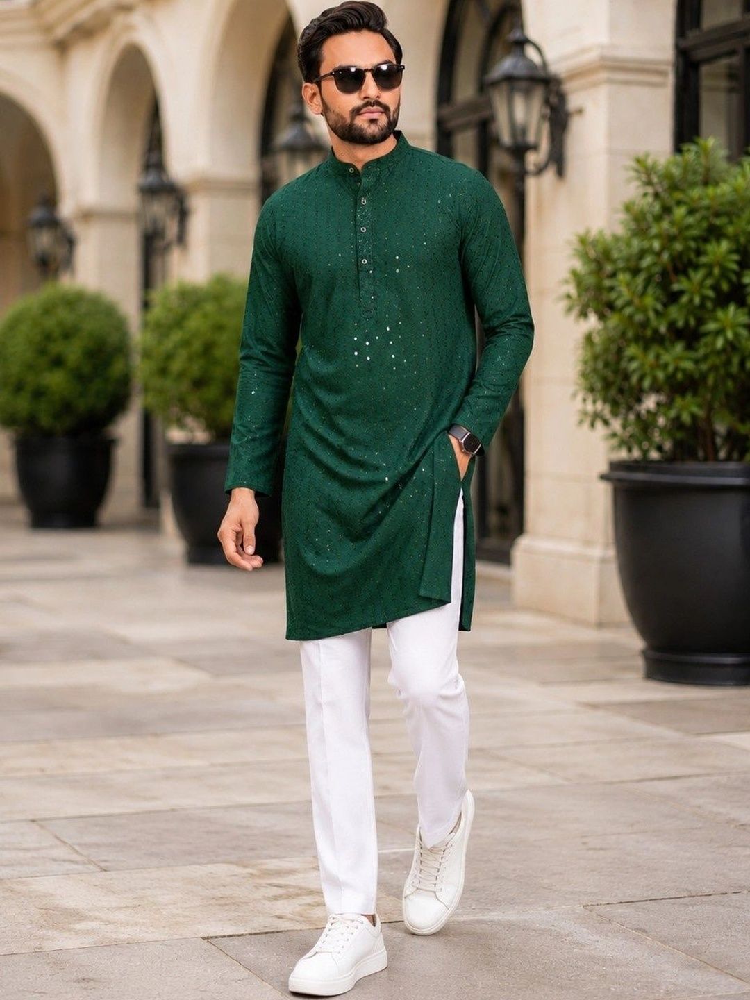 SKYWORRIX Men Ethnic Motifs Embroidered Regular Sequinned Kurta with Trousers-picture-31