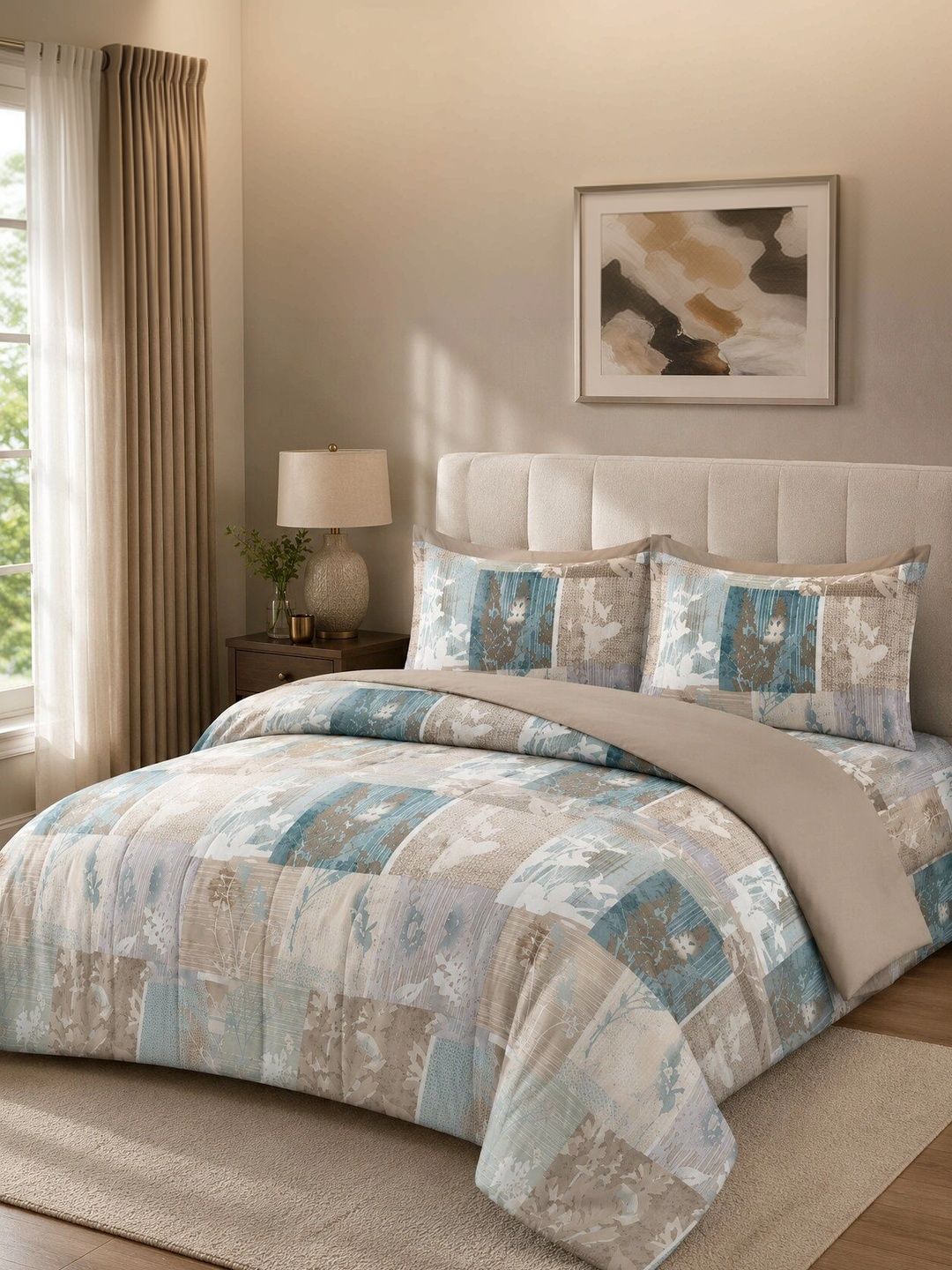 Nivasam Beige & Turquoise Blue Self Design Cotton 4 Piece Double King Superfine Bedding Set-image-15
