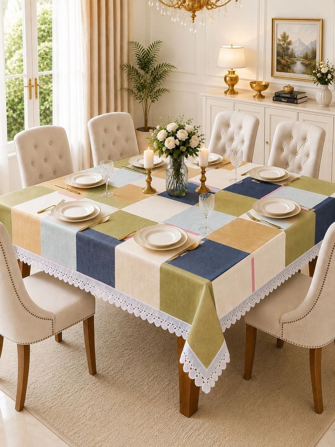 RRC Olive Green Geometric Printed 6-Seater Table Cover with Patchwork details-image-27