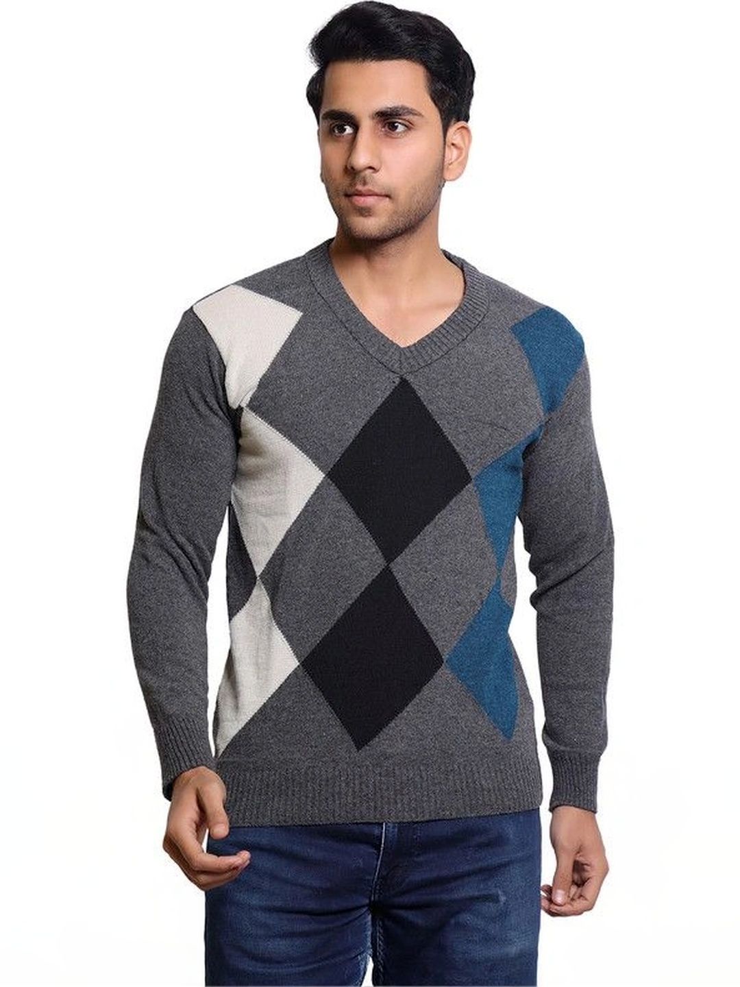 Grand Line Men Argyle Colourblocked Woollen Pullover-picture-37