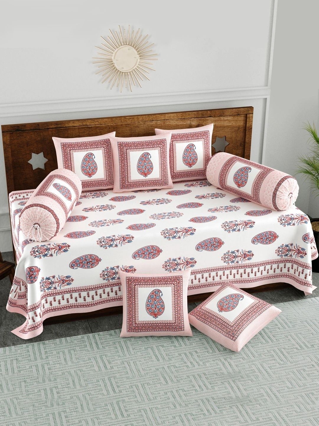 BLOCKS OF INDIA 8 Pieces Pink & Red Printed Bedsheet With Bolster and Cushion Covers-picture-57