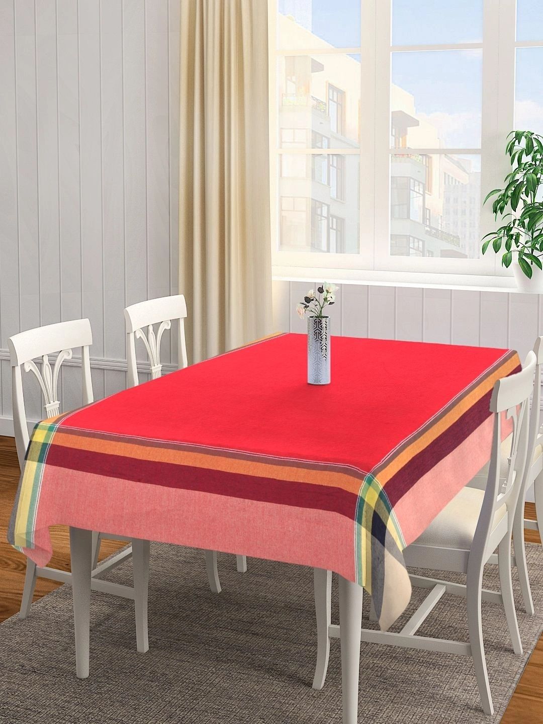 Myntra Elegant Homes Red Striped Cotton 6-Seater Table Cover with Textured details-image-15